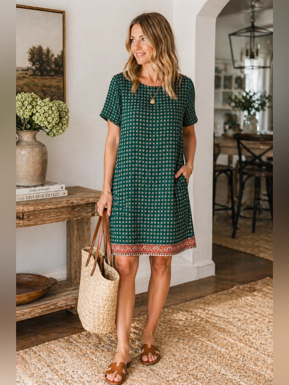 J.Crew Green Printed Shift Dress Boho Mod Size 14 Lined
